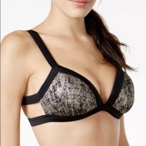 Hula Honey Black Gold Foil Rockin Shine Metallic Padded Bikini Top size Small
